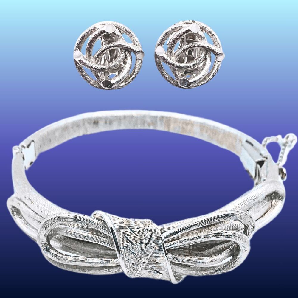 Rare VTG Kramer Textured Silvertone Latch Cuff Bow Bracelet & Birds Nest Earring